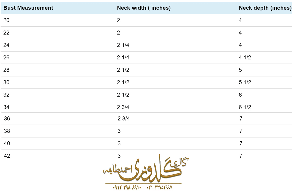 جدول اندازه های استاندارد عرض و عمق یقه برای لباس جدول اندازه های استاندارد عرض و عمق یقه برای لباس
